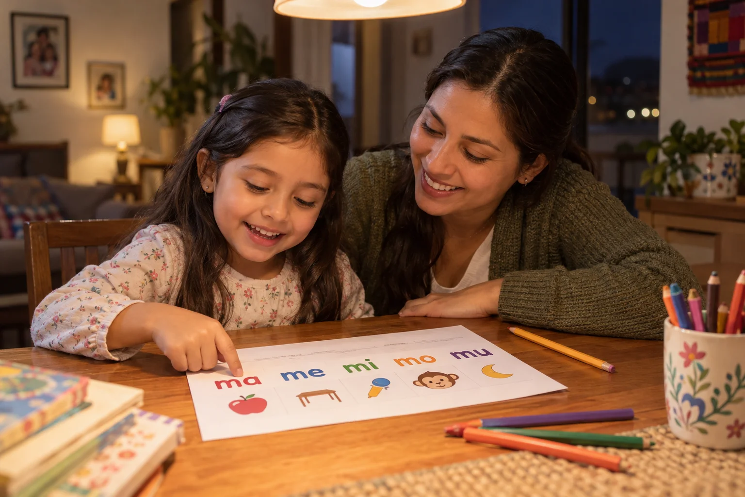 Mamá e hija leyendo sílabas en una hoja imprimible