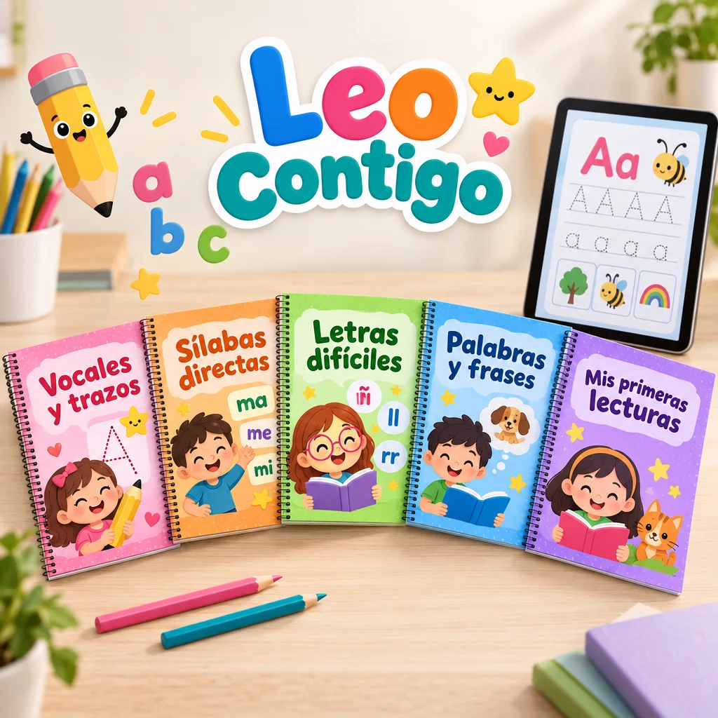 Los 5 cuadernillos de Leo Contigo y una tablet