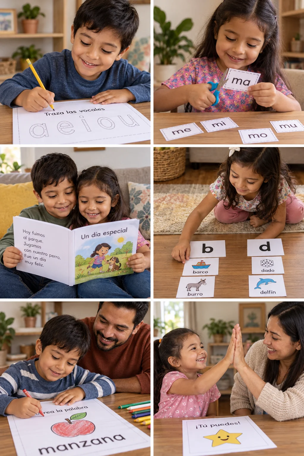Niños haciendo actividades de lectura impresas en casa